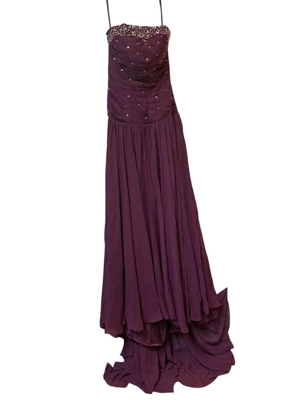 Strapless Beaded Plum Evening Maxi Asymmetrical Train Gown